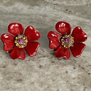 Ben-Amun Flower Earrings Vintage Red Enamel Rhinestones Silver tone Clip on